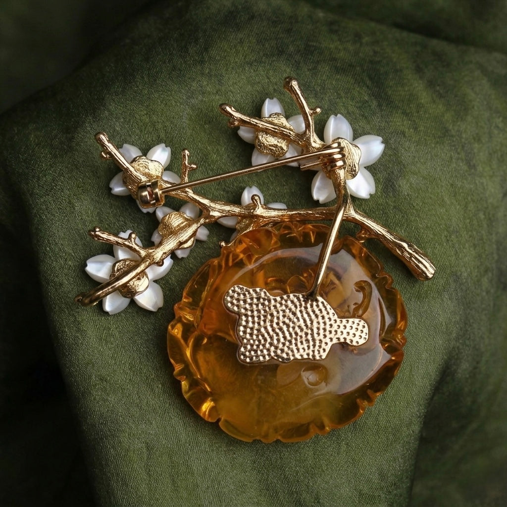Morado Amber Rose Brooch with Mother of Pearl Blossoms, Handmade 925 Silver Jewelry