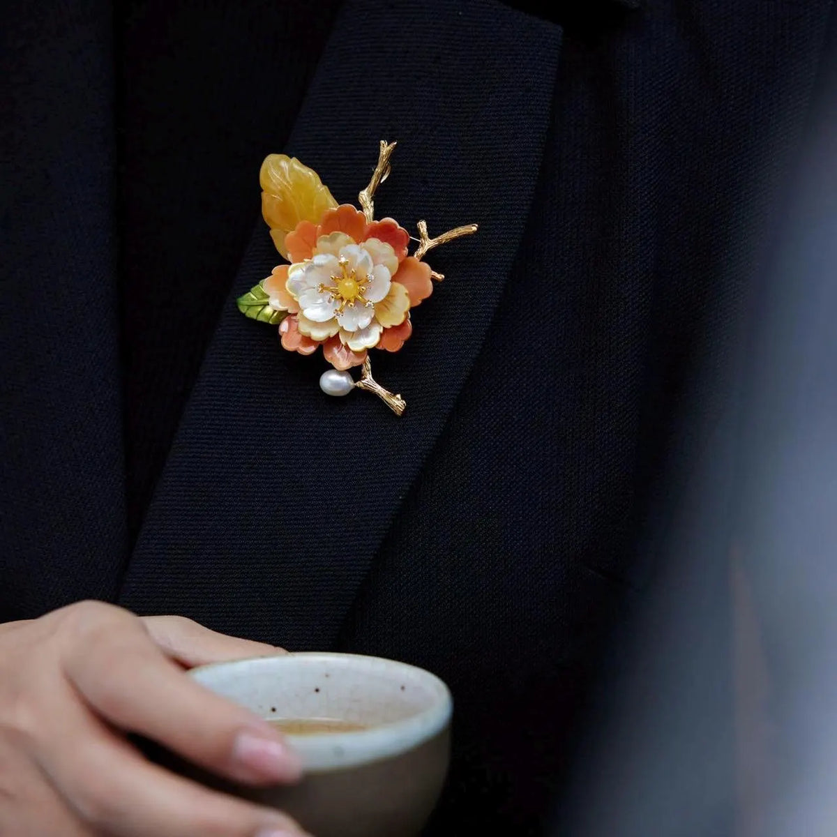 Morado Handmade Amber Shell Flower Brooch, Gold Plated Floral Pin, Multi-Wear Pin