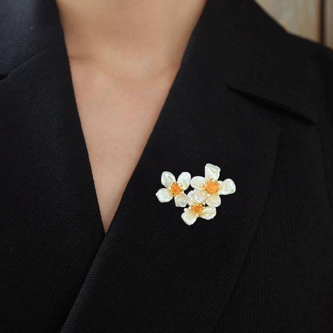 Morado Gold-Plated Baroque Pearl Floral Copper Brooch, Handmade Unique Pearl Flower Pin