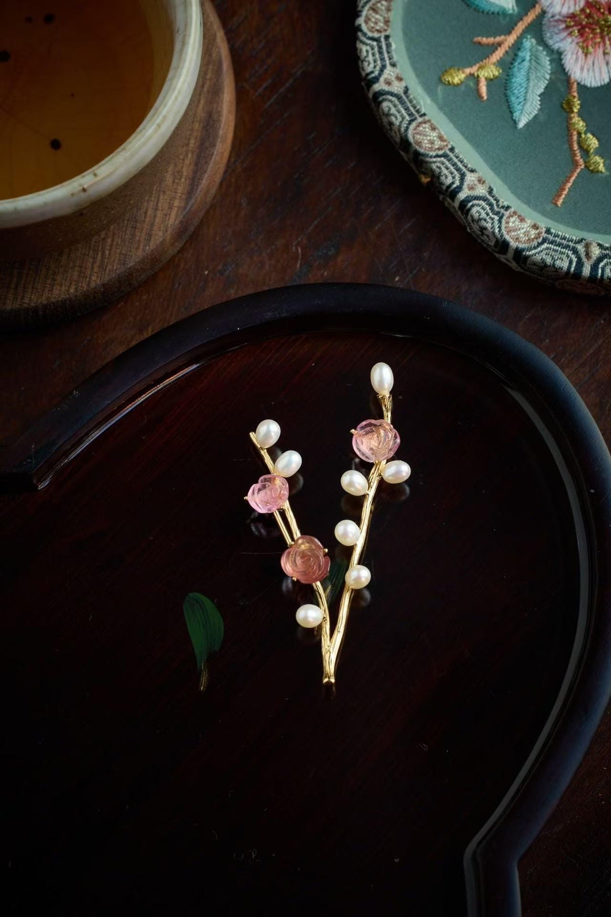 Morado Rose Quartz Heart Brooch, Pearl Blossom Jewelry, Copper-Gold Vines, Multi-wear design