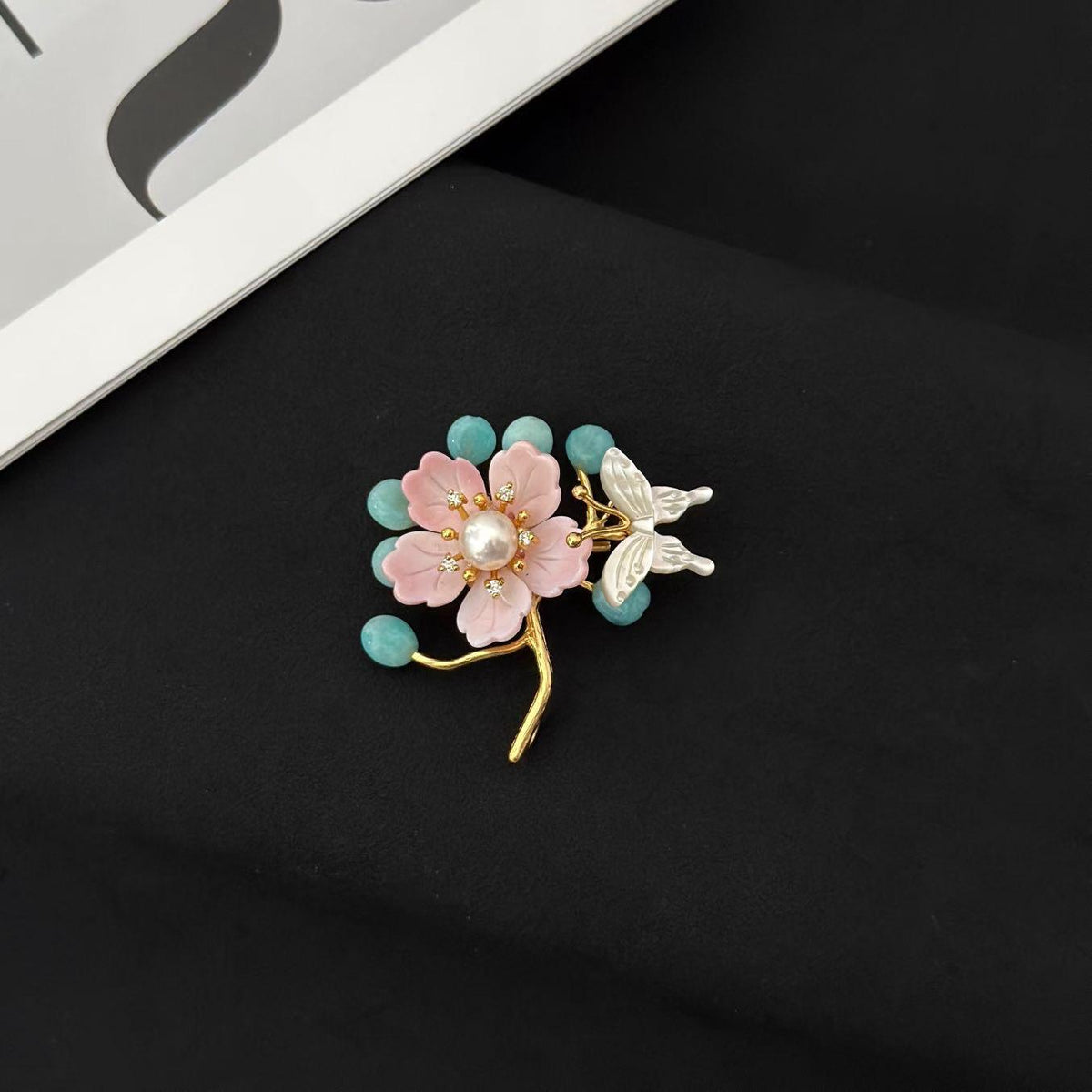 Morado Handmade Gold Plated Amazonite Flower Brooch, Pearl Butterfly Pin, Multi-Wear Pin