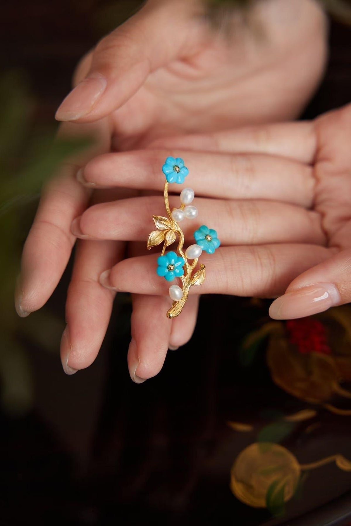 Morado Hand-Carved Turquoise Blossom Brooch, 24K Gold-Plated Sterling Silver, Freshwater Pearls