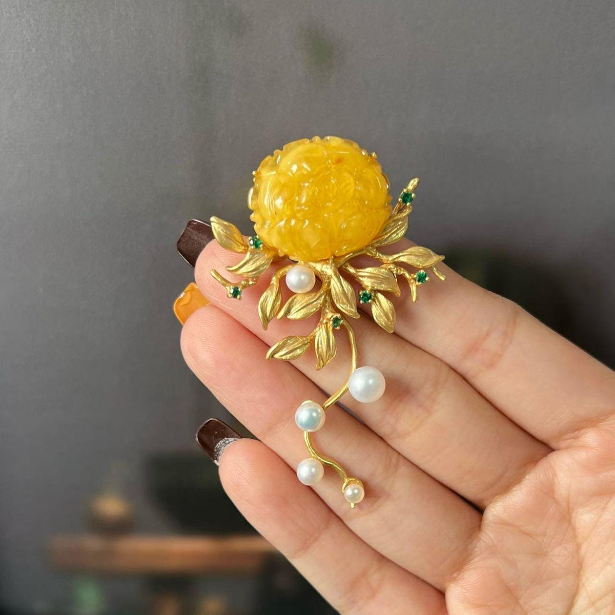 Morado Hand-Carved Amber Peony Brooch, Gold-Plated Sterling Silver Floral Pin, Multi-wear design