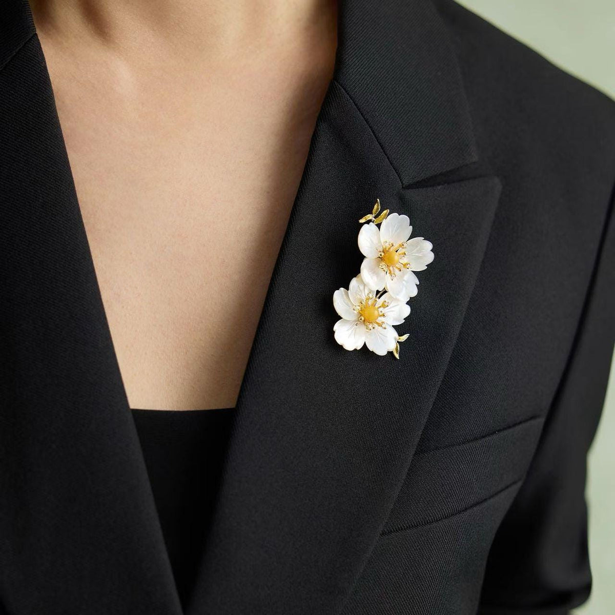 Morado Mother of Pearl Twin Amber Flower Brooch, Gold Plated Copper Floral Pin
