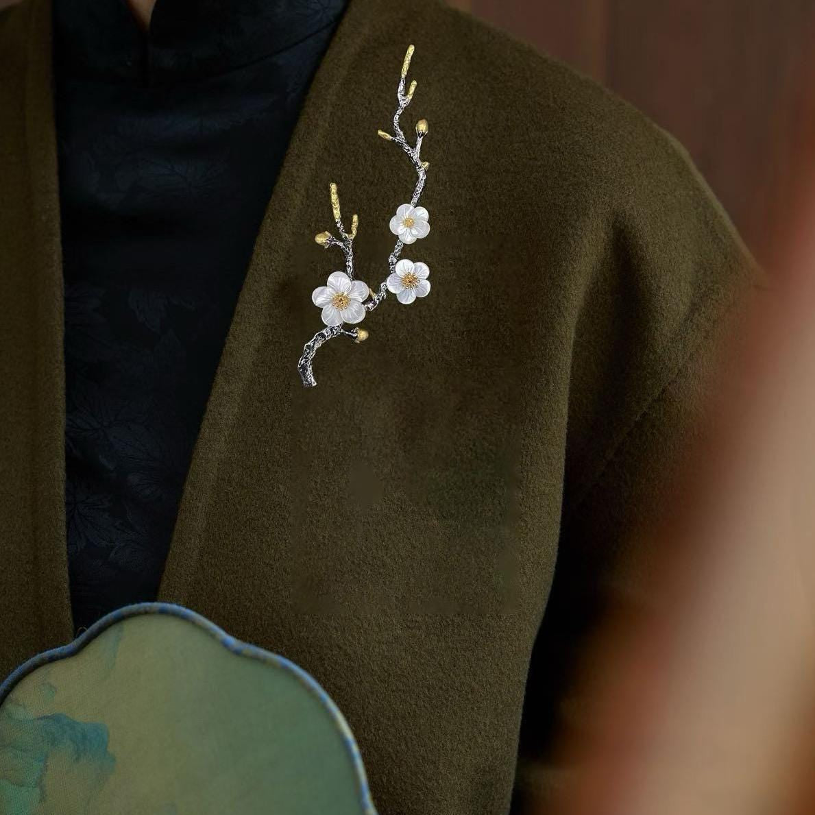 Morado Plum Blossom Branch Brooch, Black Gold Plated Copper with Mother of Pearl Flowers