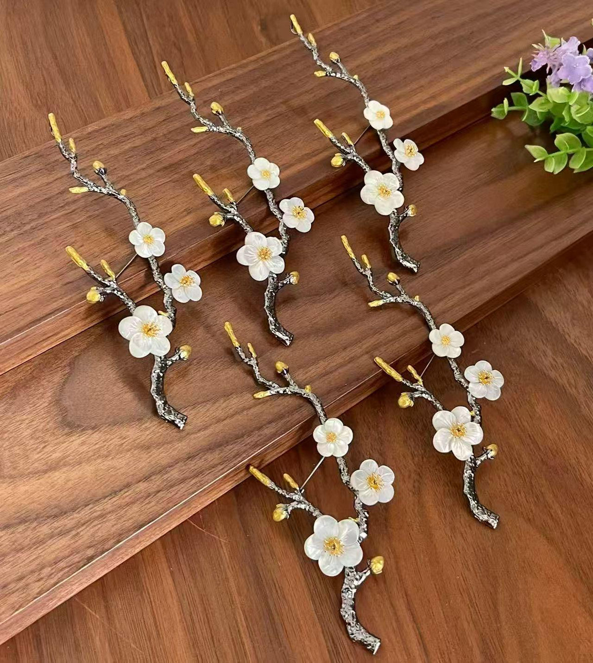 Morado Black Gold Branch Brooch • Gilt Copper, Mother of Pearl Flower