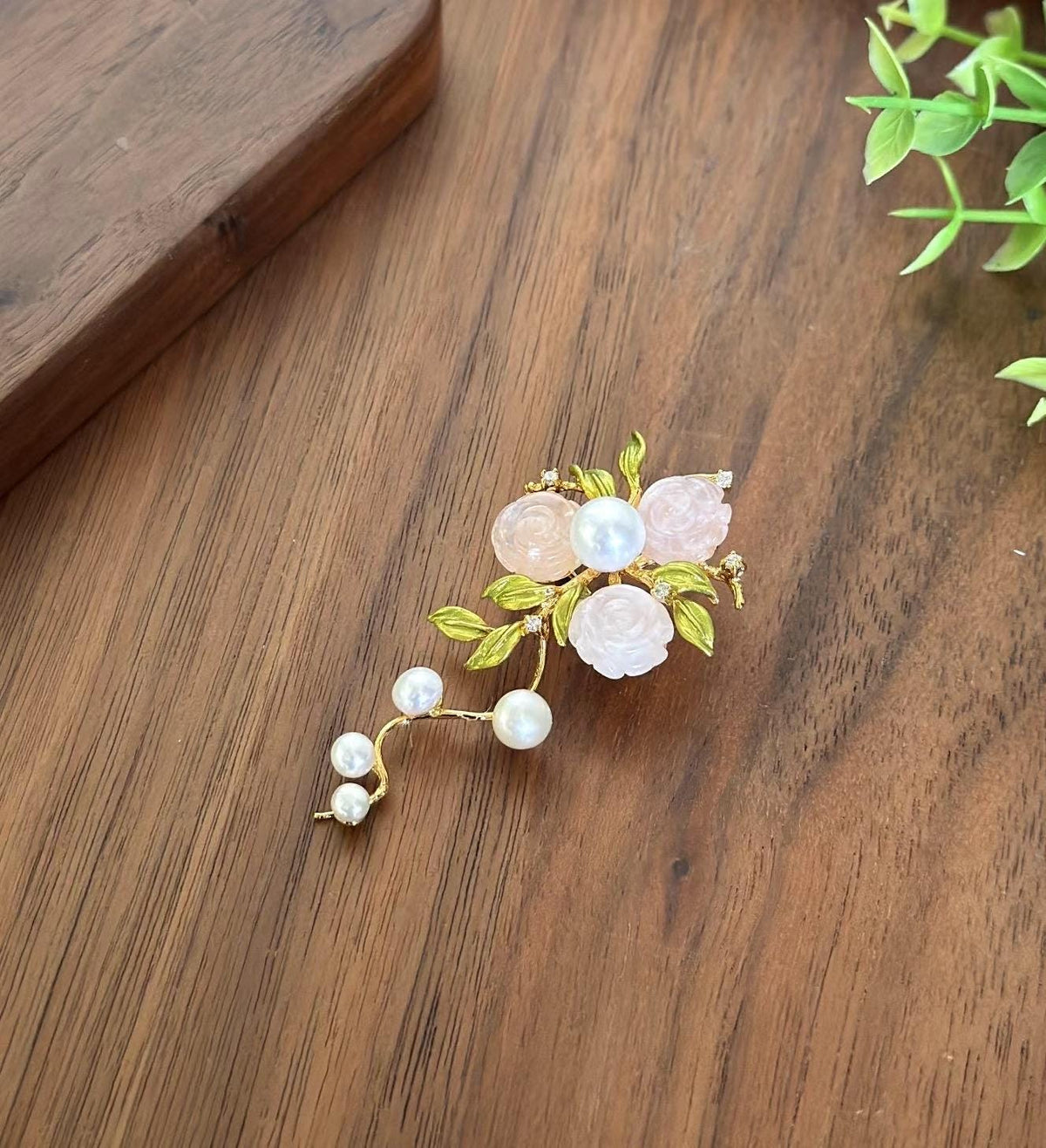 Morado Hand-Carved Rose Quartz & Pearl Floral Brooch, Gold-Plated Copper Pin, Multi-Wear Pin