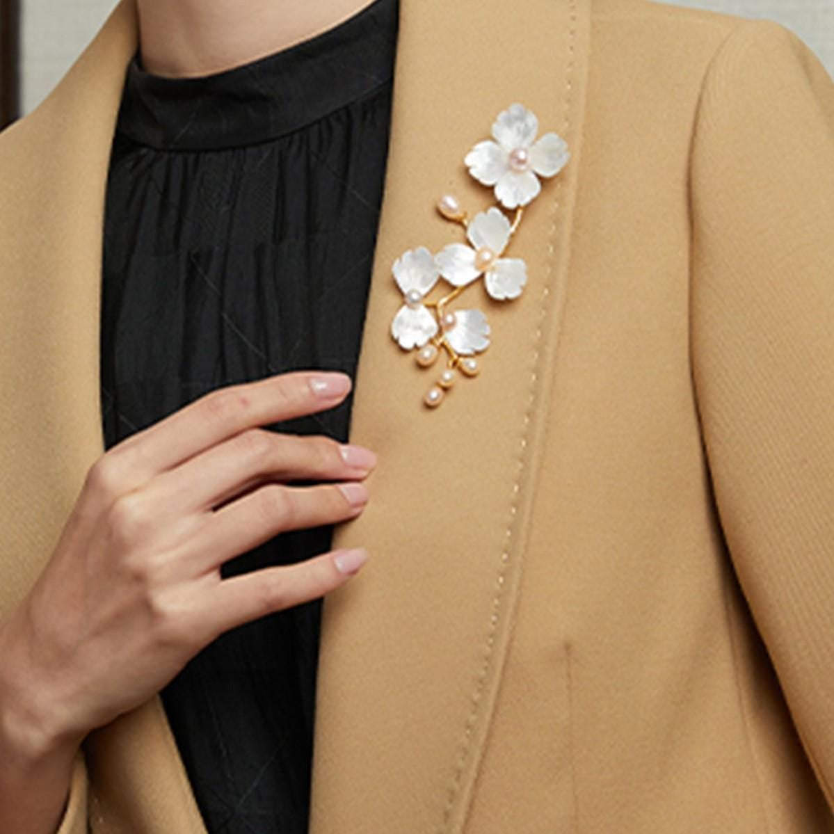 Morado Mother of Pearl Gold-Plated Copper Brooch, Handmade Snowflake Floral Design, Multi-Wear Pin