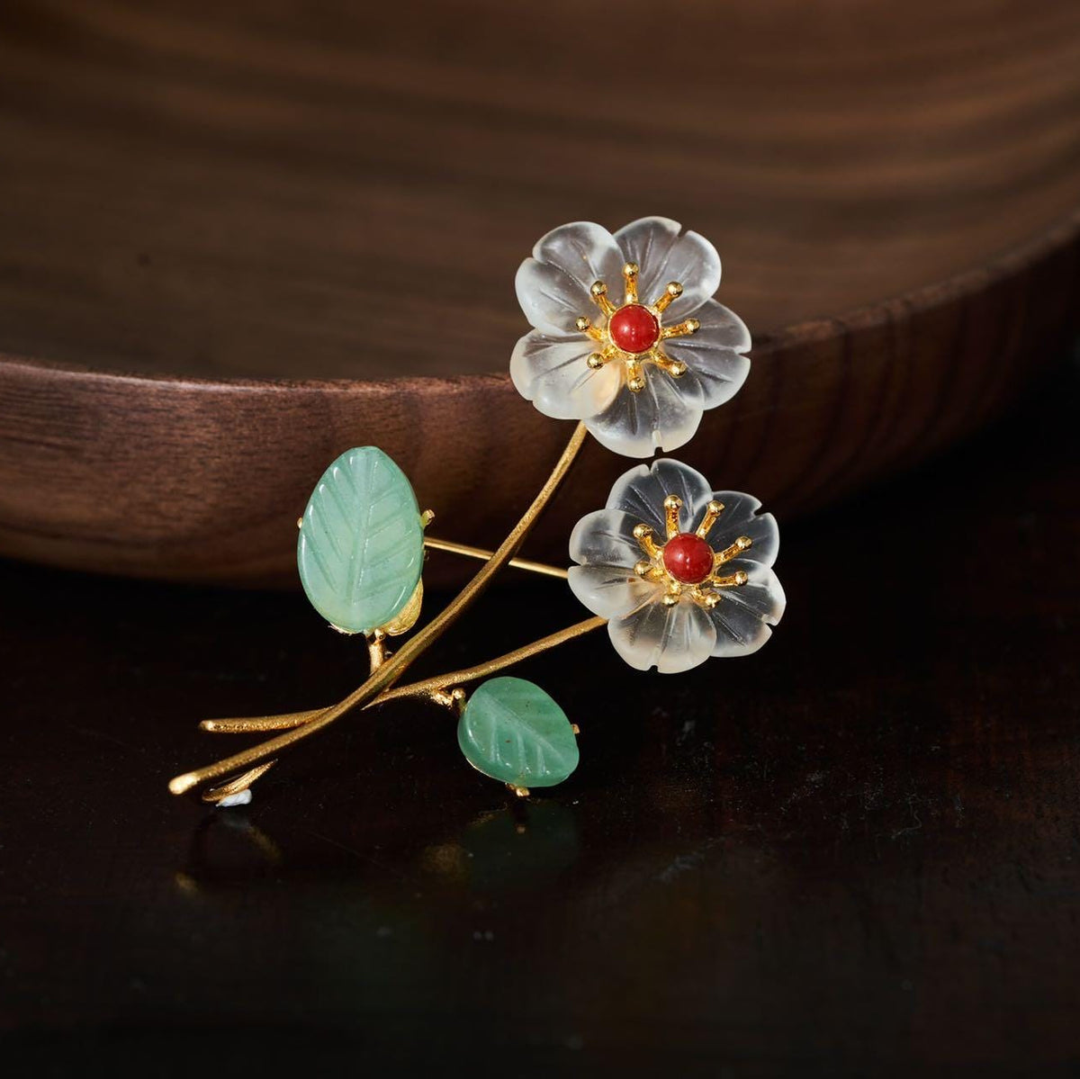 Morado Twin Flower Clear Quartz Brooch, Gold Vermeil Sterling Silver Pin, Handmade Crystal Jewelry