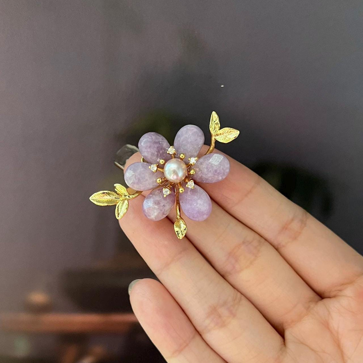 Morado Lavender Crystal Flower Copper Brooch, Freshwater Pearl Gold Plated Pin, Dainty Floral Brooch