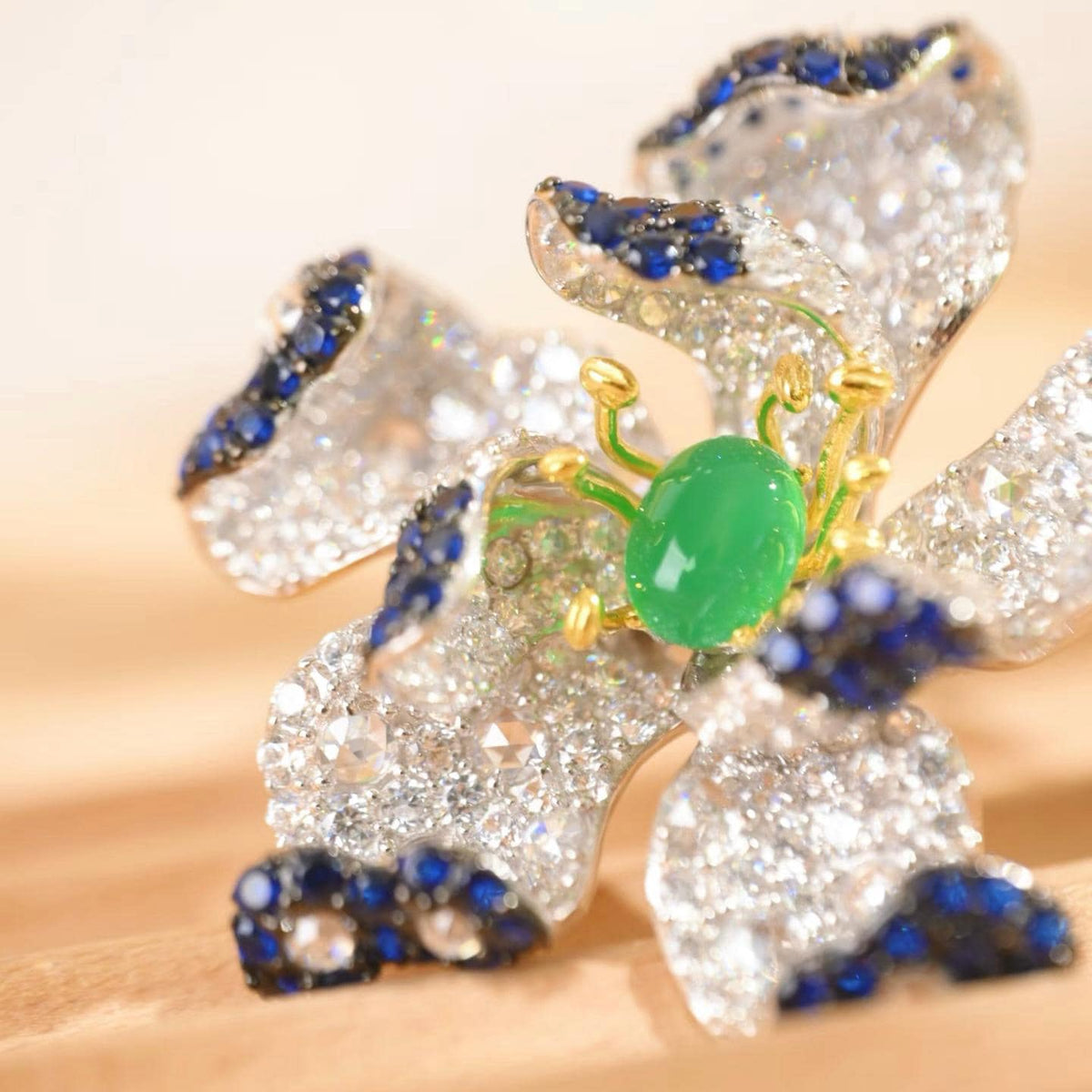 Morado Green Agate Floral Brooch, Platinum Plated Sterling Silver, Zirconia Statement Pin