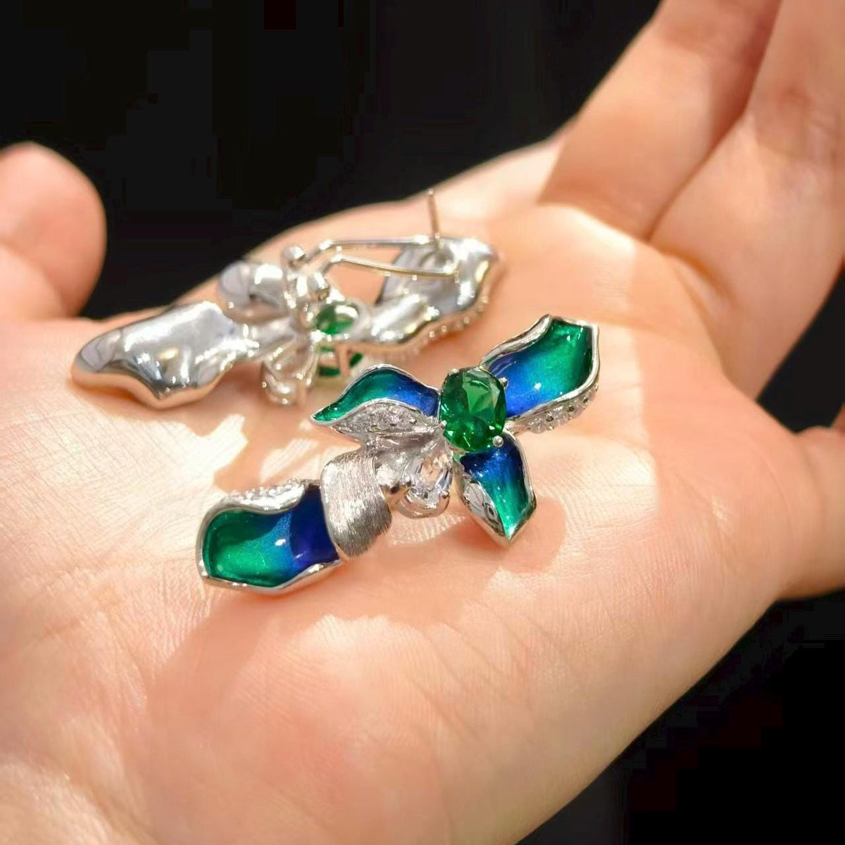 Morado Blue Green Enamel Floral 925 Sterling Silver Earrings with Green Cubic Zirconia