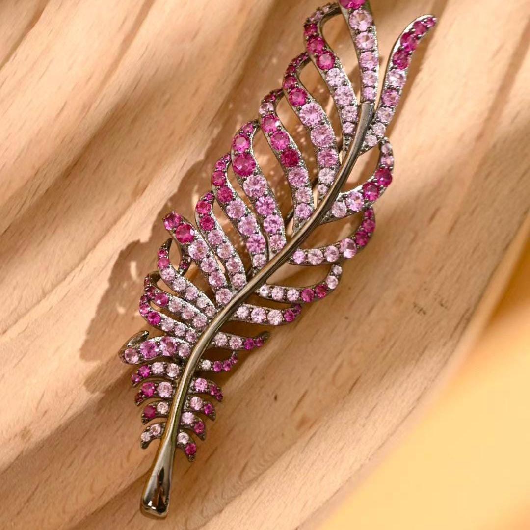Morado Gradient Pink Zirconia Feather Brooch, Platinum Plated 925 Sterling Silver Luxury Statement Pin