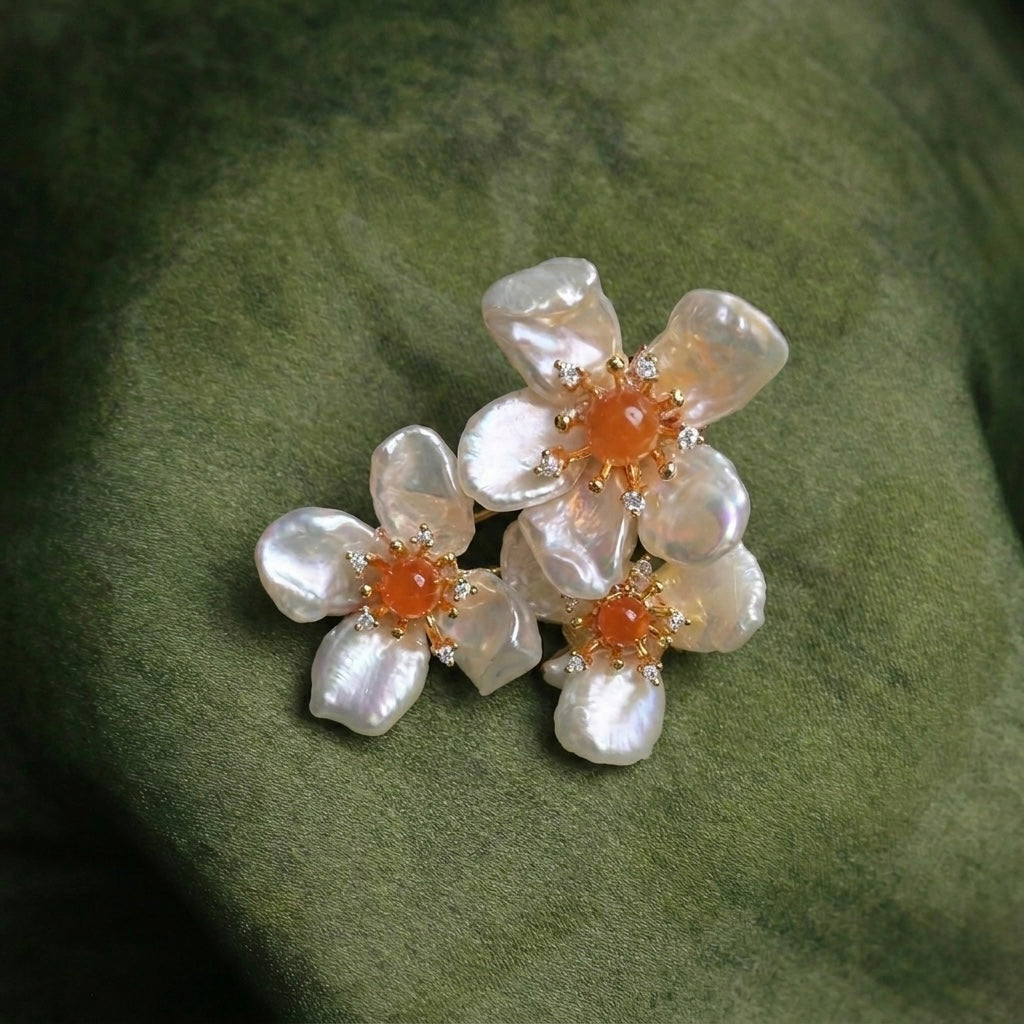 Morado Gold-Plated Baroque Pearl Floral Copper Brooch, Handmade Unique Pearl Flower Pin