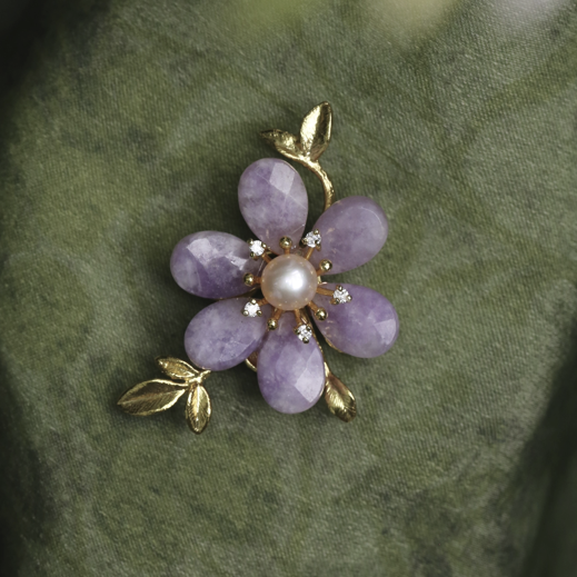 Morado Lavender Crystal Flower Copper Brooch, Freshwater Pearl Gold Plated Pin, Dainty Floral Brooch