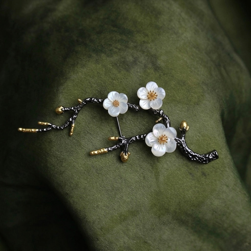 Morado Plum Blossom Branch Brooch, Black Gold Plated Copper with Mother of Pearl Flowers