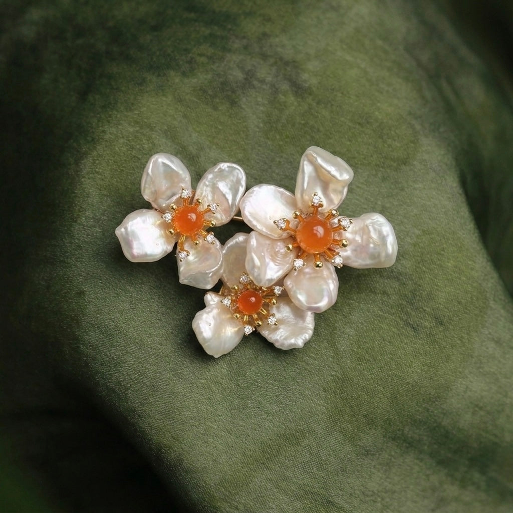 Morado Gold-Plated Baroque Pearl Floral Copper Brooch, Handmade Unique Pearl Flower Pin