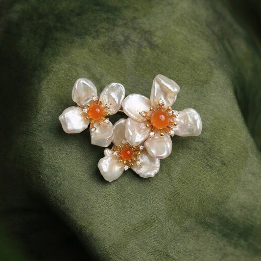 Morado Gold-Plated Baroque Pearl Floral Copper Brooch, Handmade Unique Pearl Flower Pin