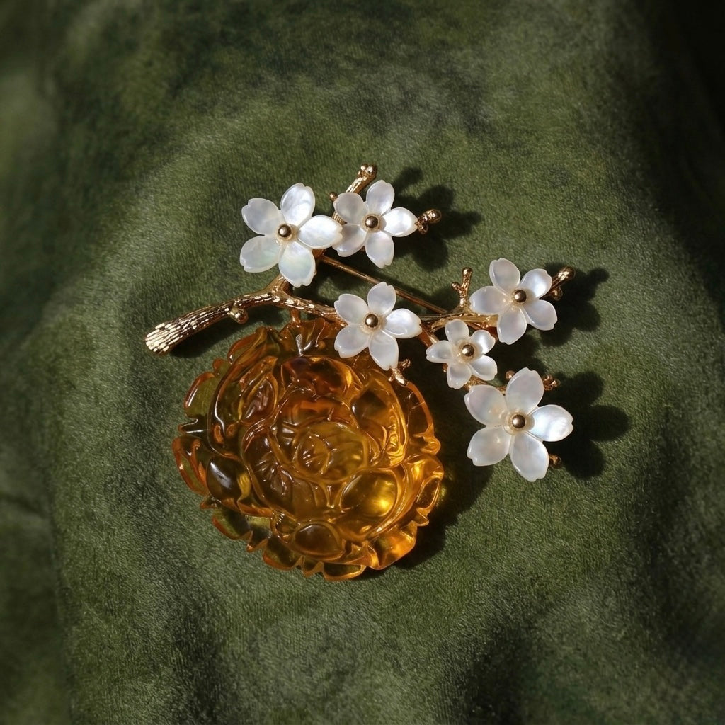 Morado Amber Rose Brooch with Mother of Pearl Blossoms, Handmade 925 Silver Jewelry