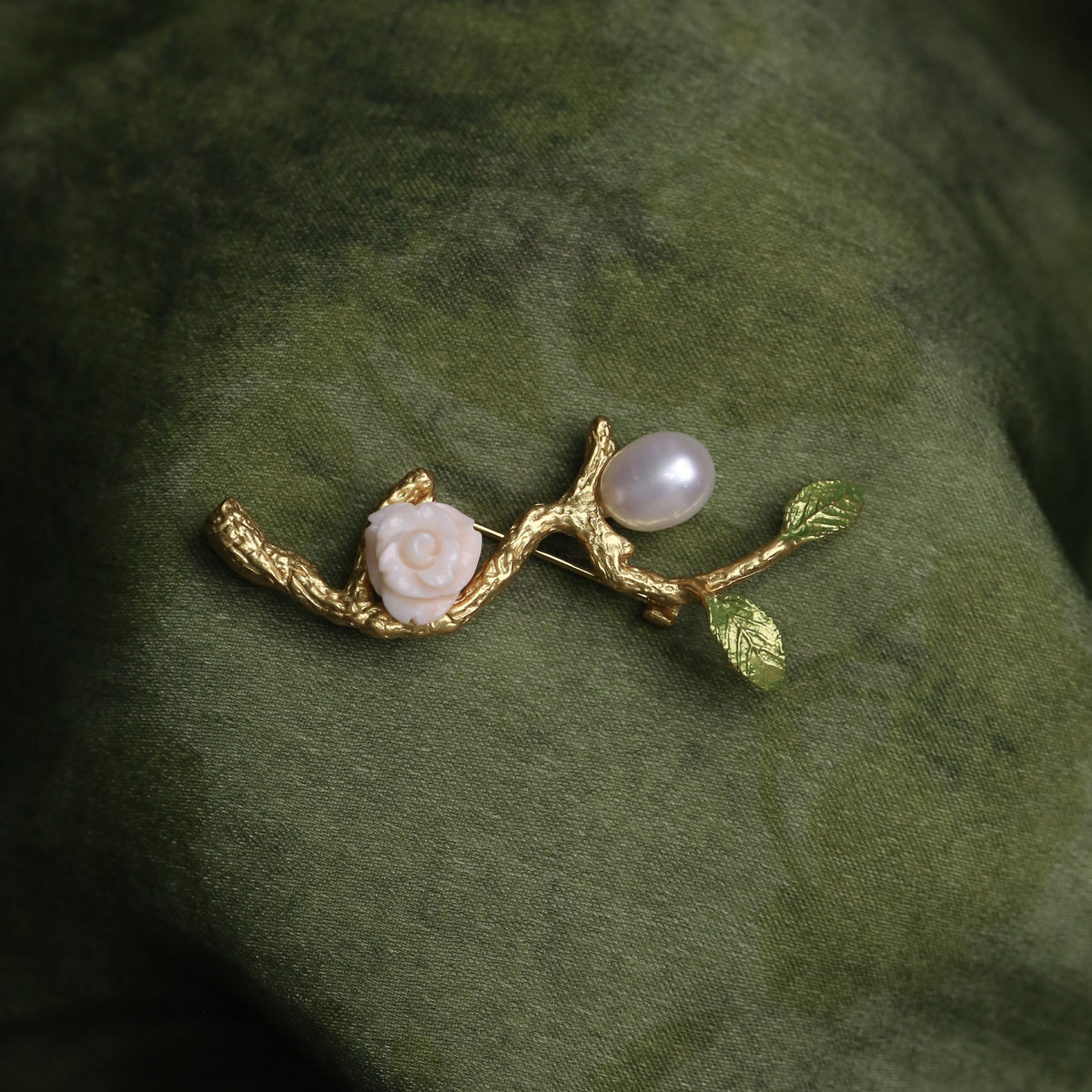 Morado Coral Rose Pearl Brooch, Gold Plated Silver Branch Pin, Floral Brooch