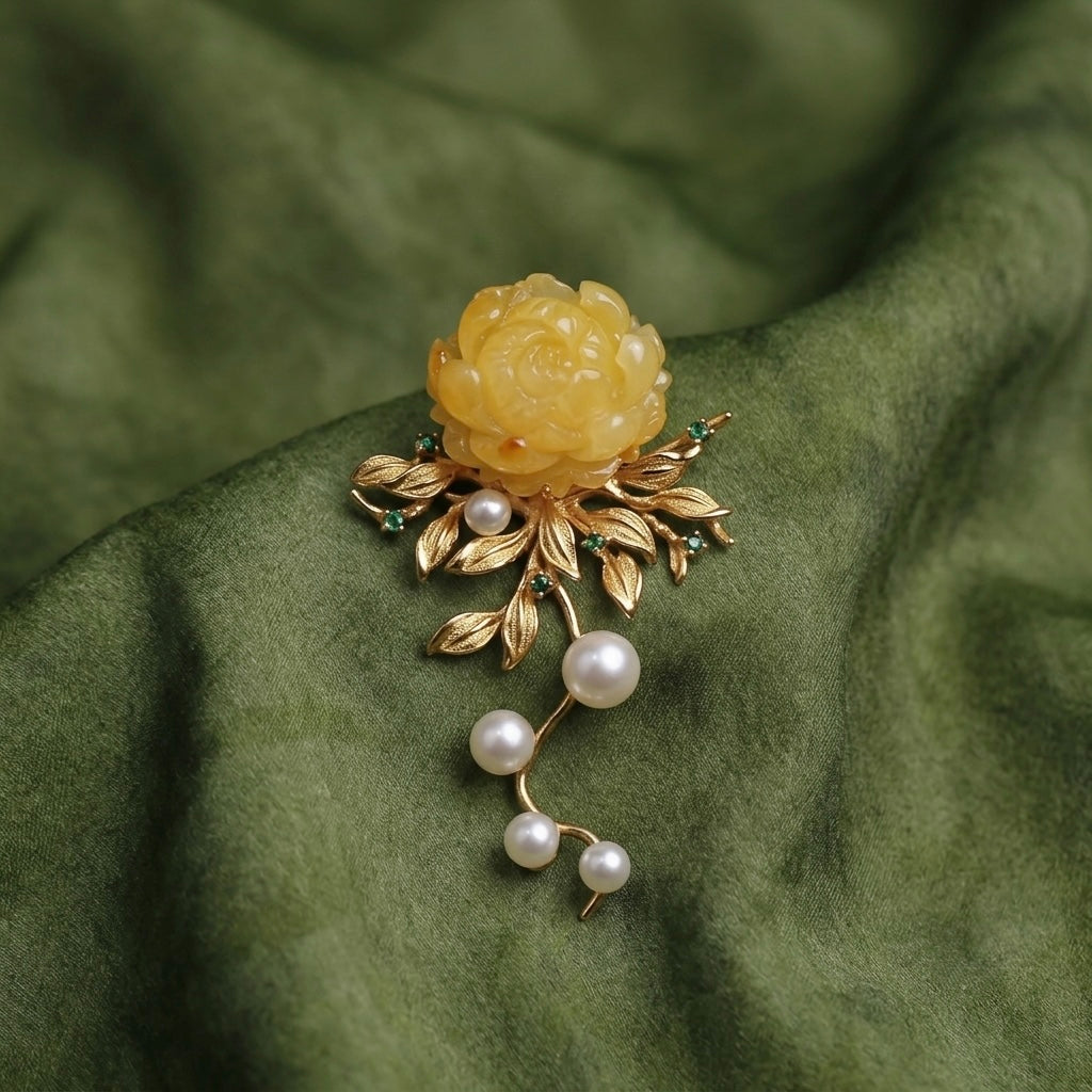 Morado Hand-Carved Amber Peony Brooch, Gold-Plated Sterling Silver Floral Pin, Multi-wear design