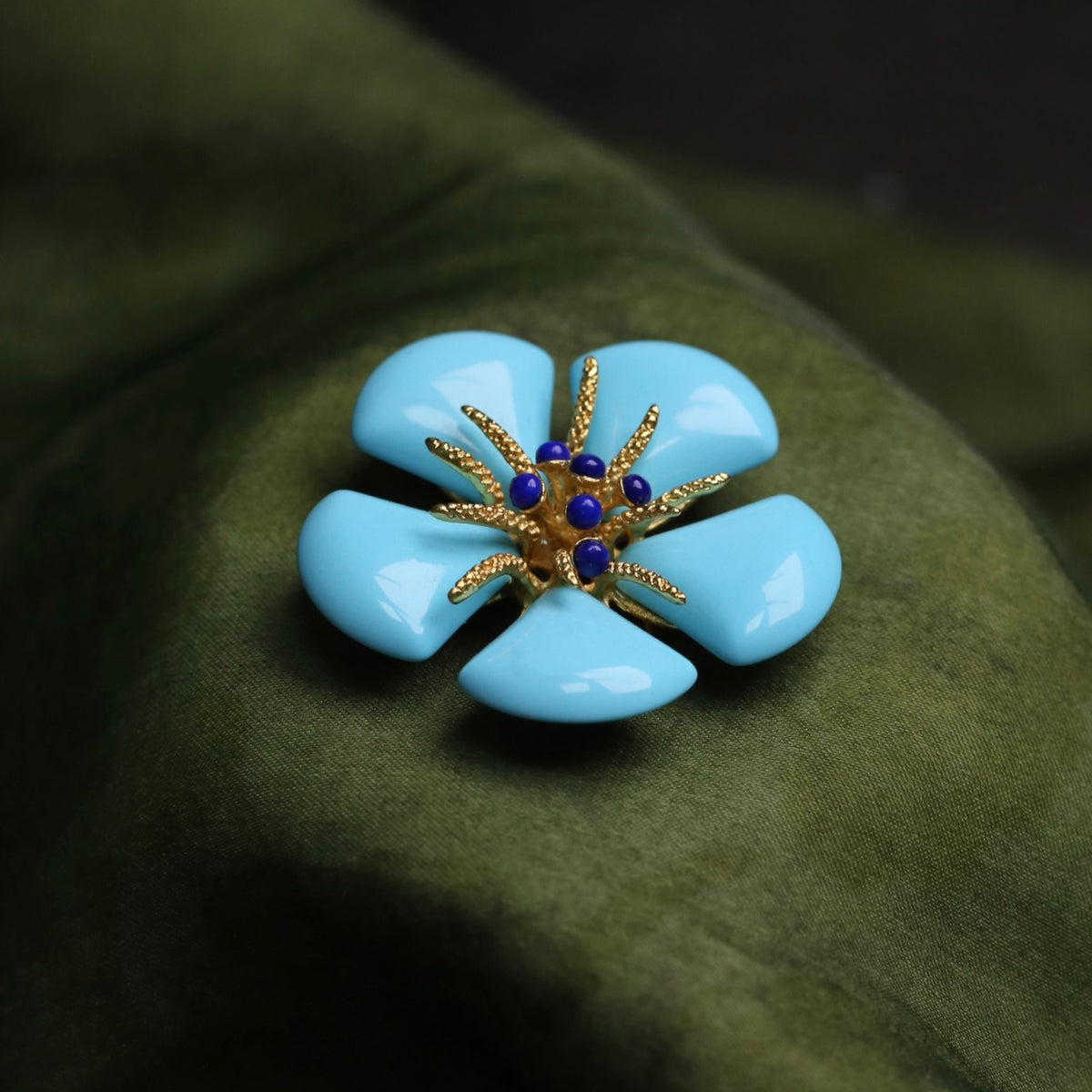 Morado Gold Plated Copper Turquoise Flower Brooch, Statement Blue Floral Pin