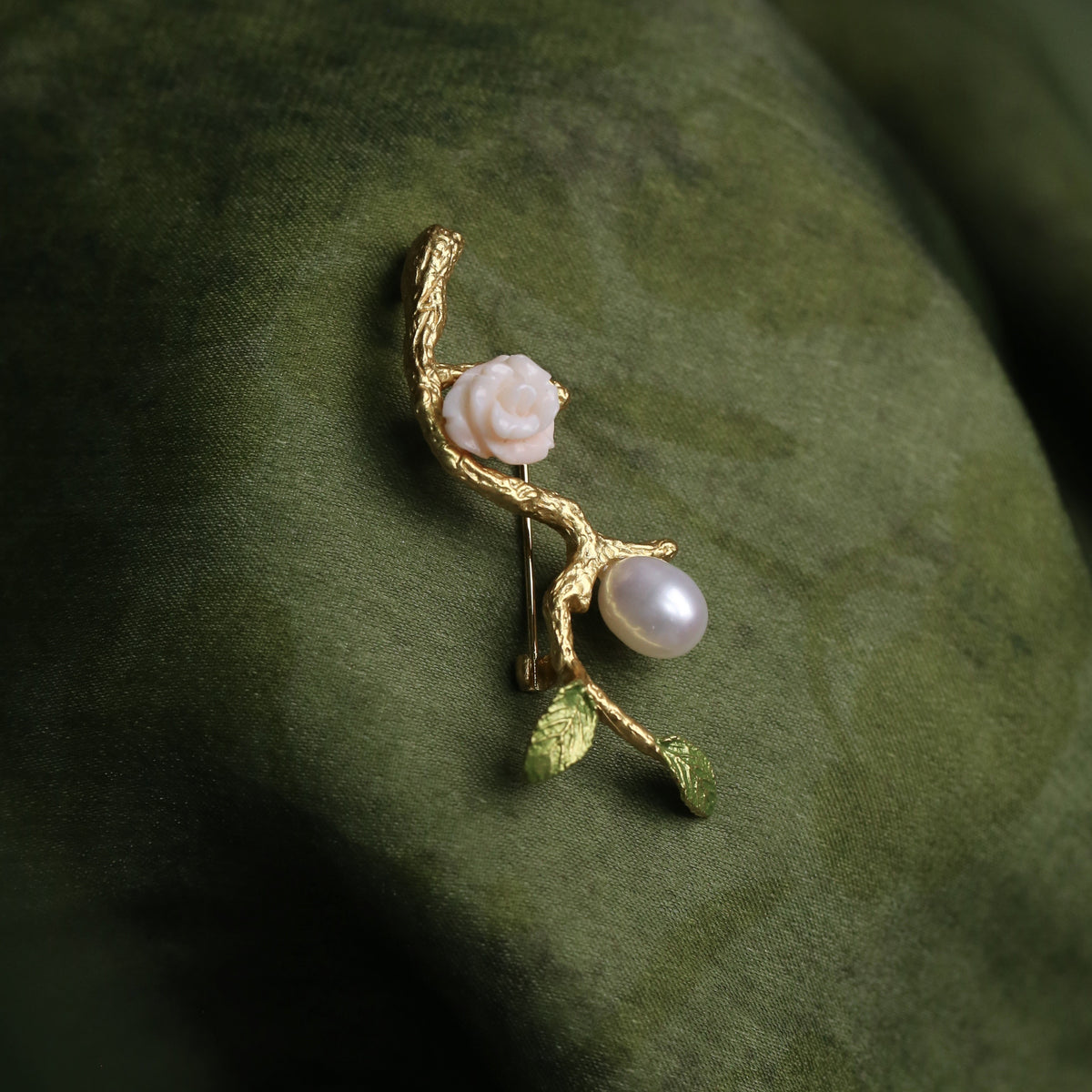 Morado Coral Rose Pearl Brooch, Gold Plated Silver Branch Pin, Floral Brooch