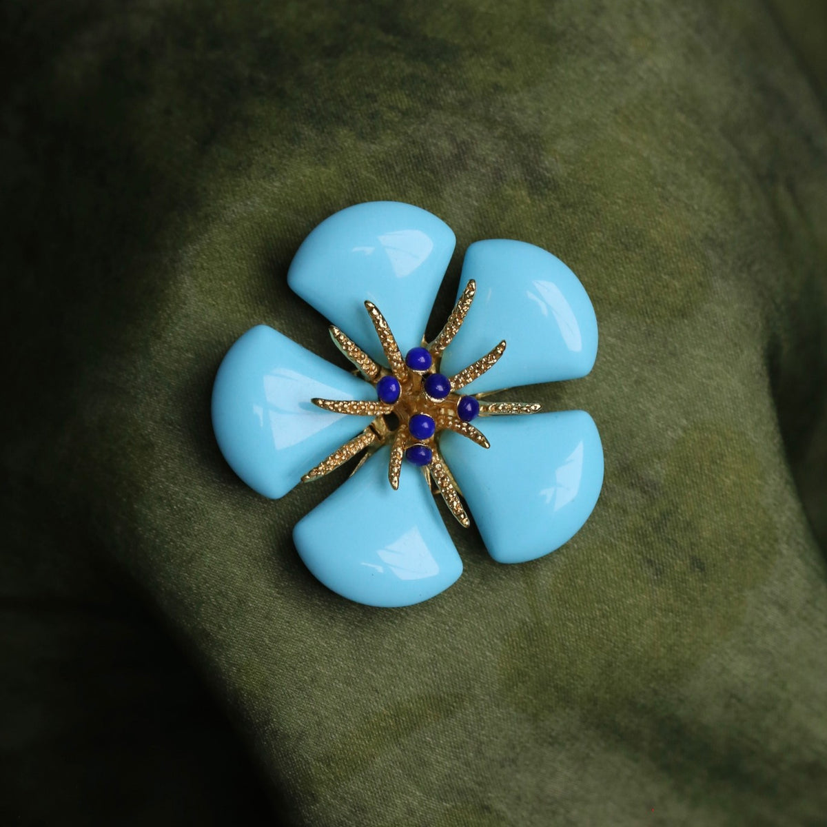 Morado Gold Plated Copper Turquoise Flower Brooch, Statement Blue Floral Pin