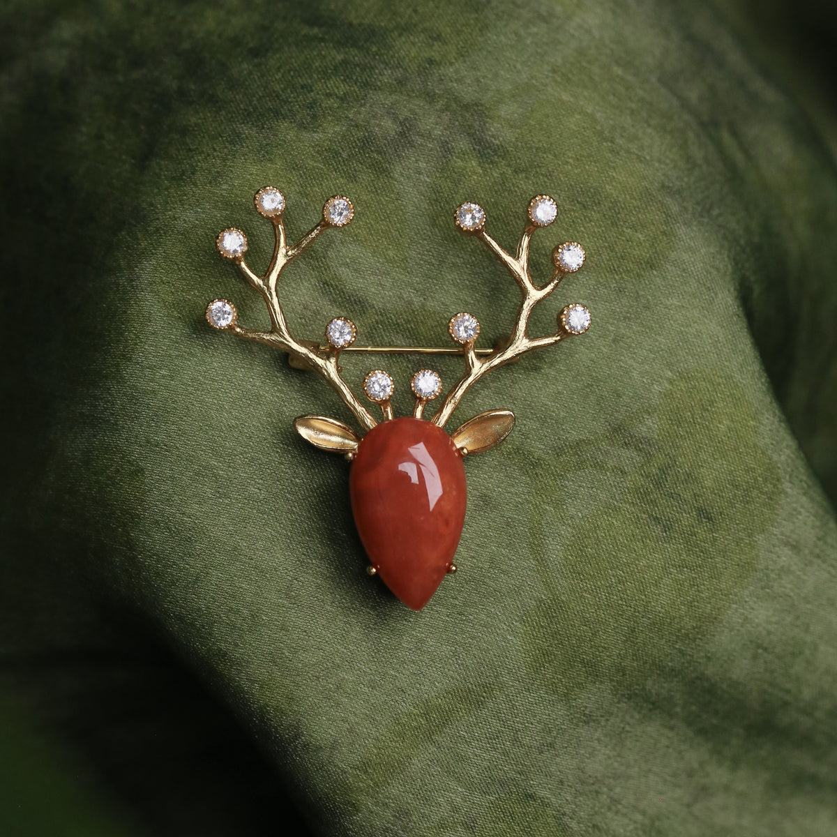 Morado Red Agate Deer Brooch, Gold Plated Silver Animal Pin, Vintage Antler Brooch