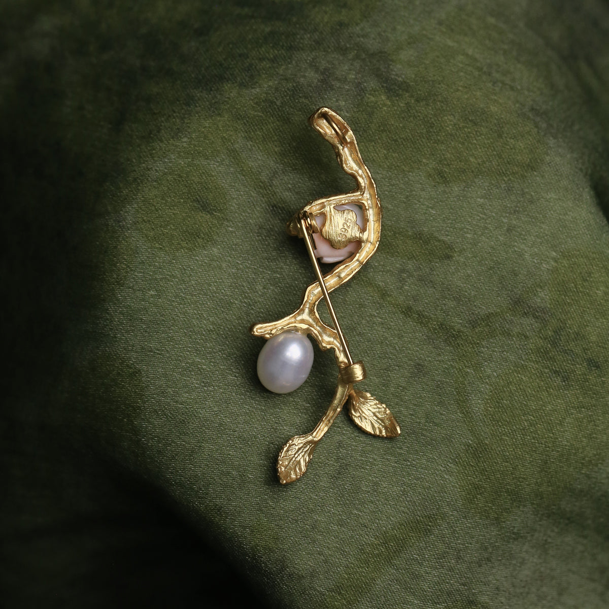 Morado Coral Rose Pearl Brooch, Gold Plated Silver Branch Pin, Floral Brooch