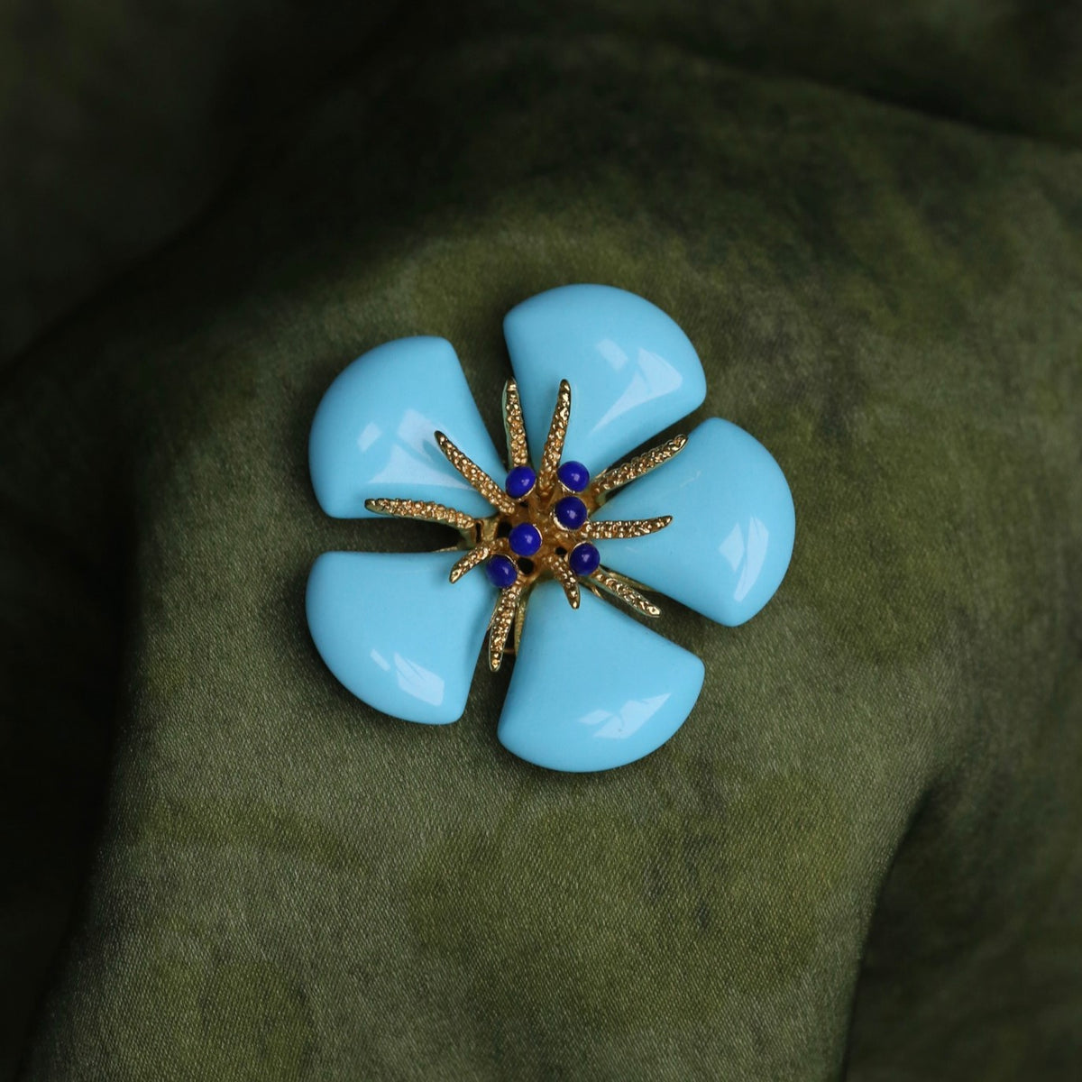 Morado Gold Plated Copper Turquoise Flower Brooch, Statement Blue Floral Pin