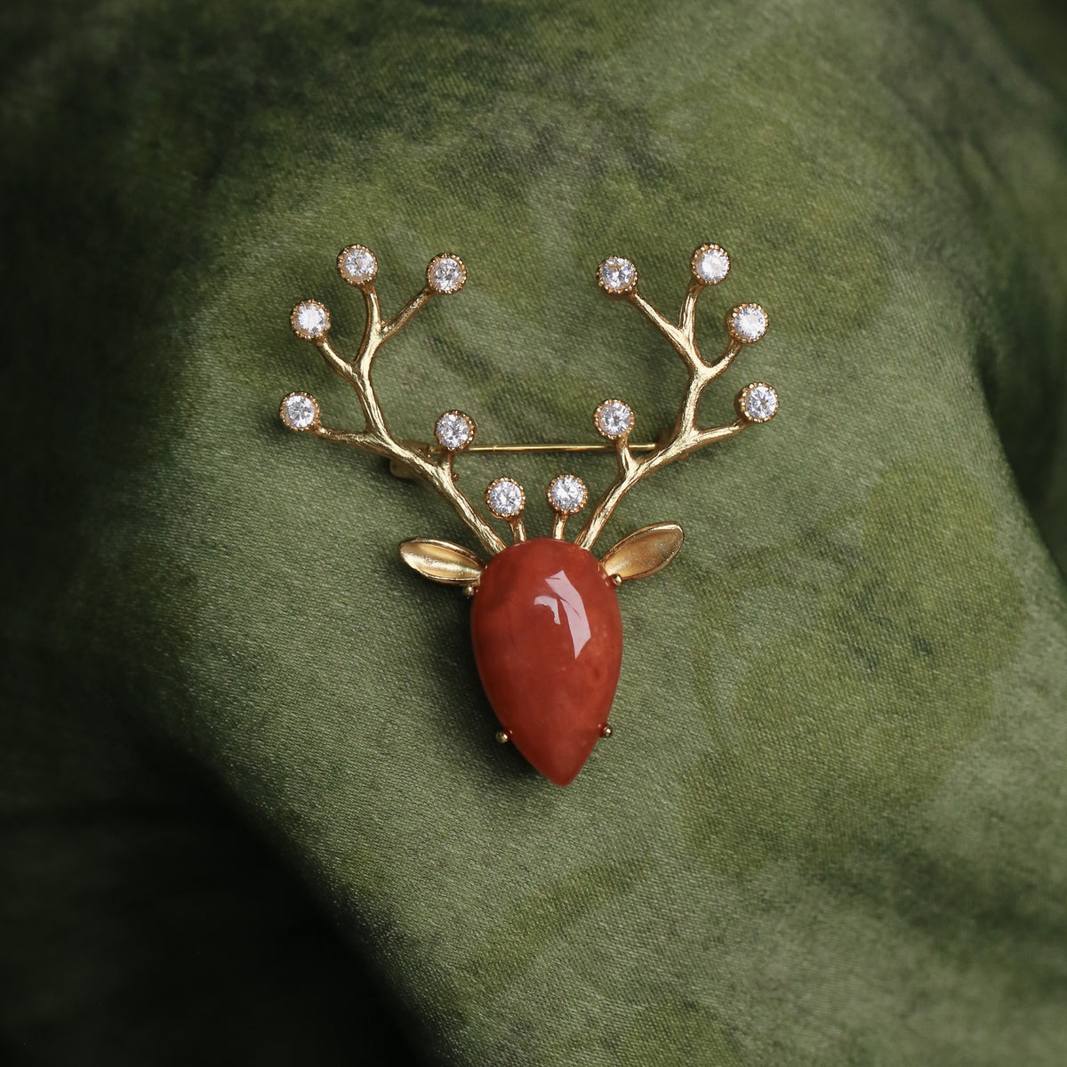 Morado Red Agate Deer Brooch, Gold Plated Silver Animal Pin, Vintage Antler Brooch
