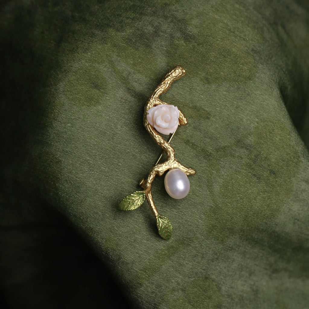Morado Coral Rose Pearl Brooch, Gold Plated Silver Branch Pin, Floral Brooch