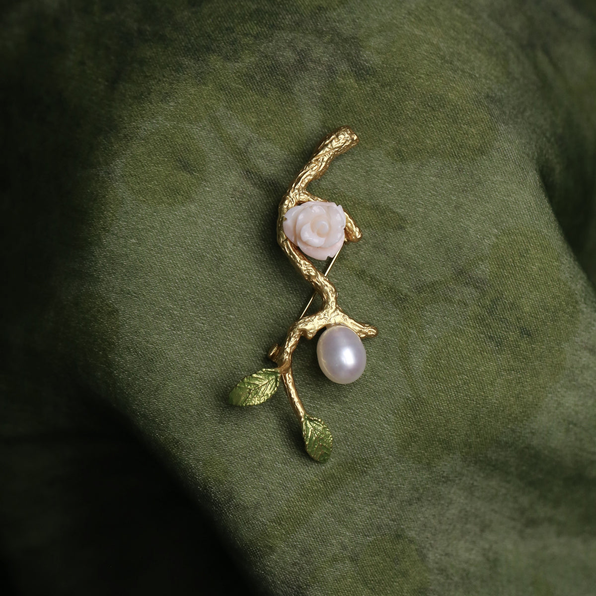 Morado Coral Rose Pearl Brooch, Gold Plated Silver Branch Pin, Floral Brooch