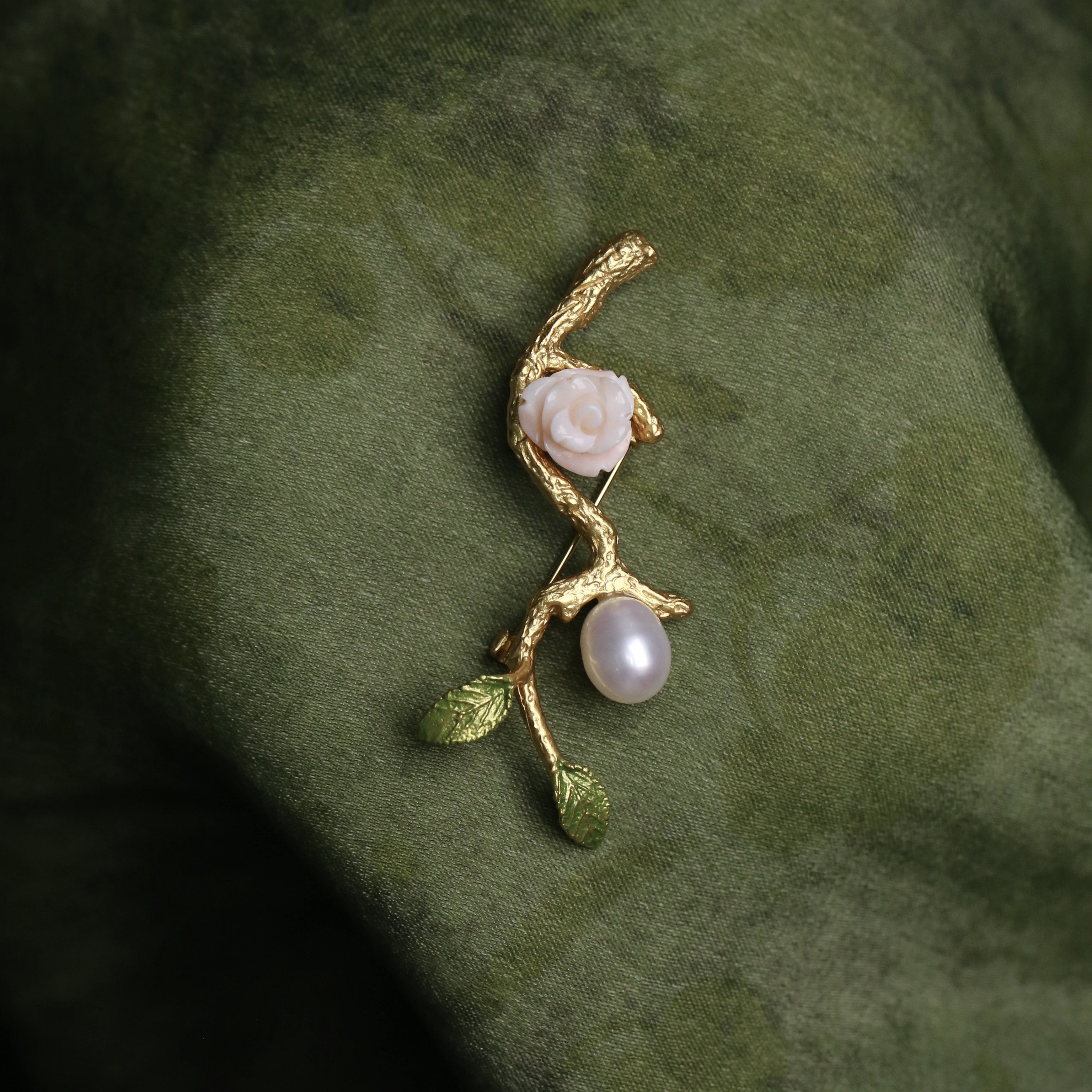 Morado Coral Rose Pearl Brooch, Gold Plated Silver Branch Pin, Floral Brooch