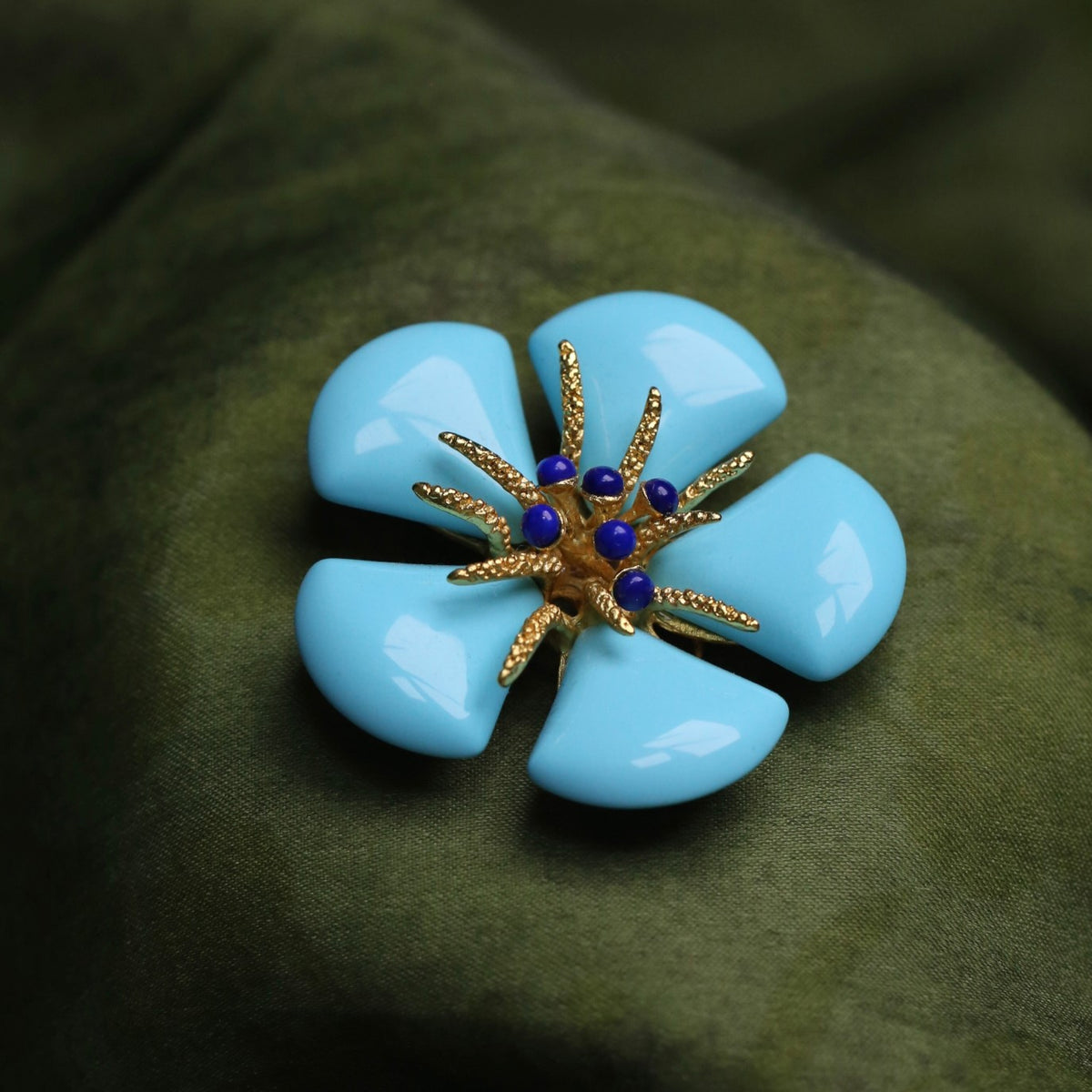 Morado Gold Plated Copper Turquoise Flower Brooch, Statement Blue Floral Pin