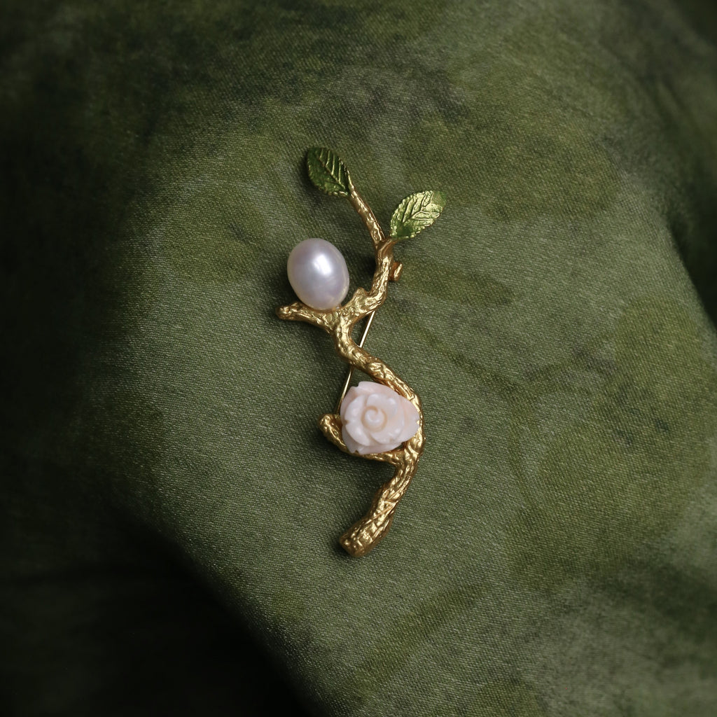 Morado Coral Rose Pearl Brooch, Gold Plated Silver Branch Pin, Floral Brooch