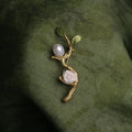 Morado Coral Rose Pearl Brooch, Gold Plated Silver Branch Pin, Floral Brooch