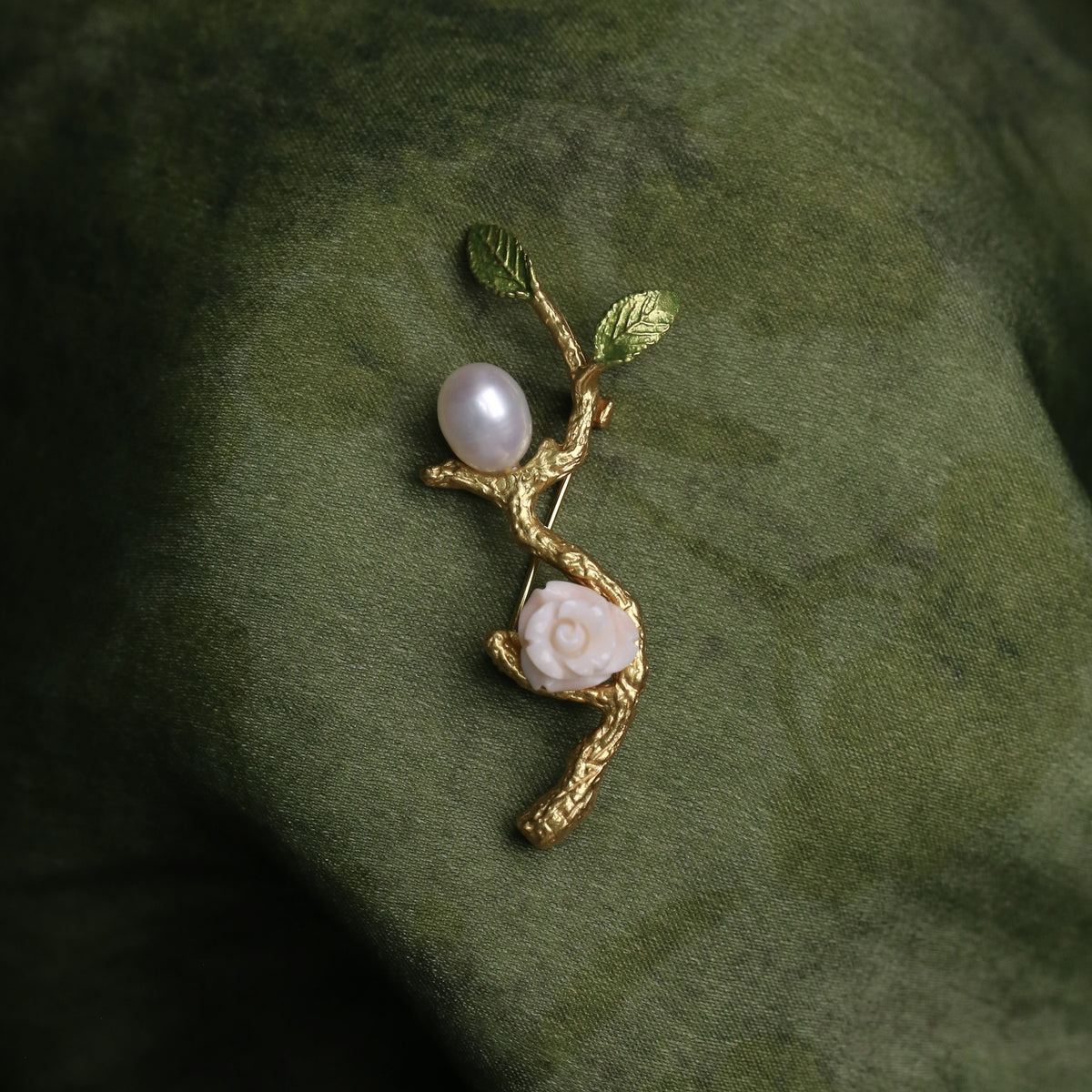 Morado Coral Rose Pearl Brooch, Gold Plated Silver Branch Pin, Floral Brooch