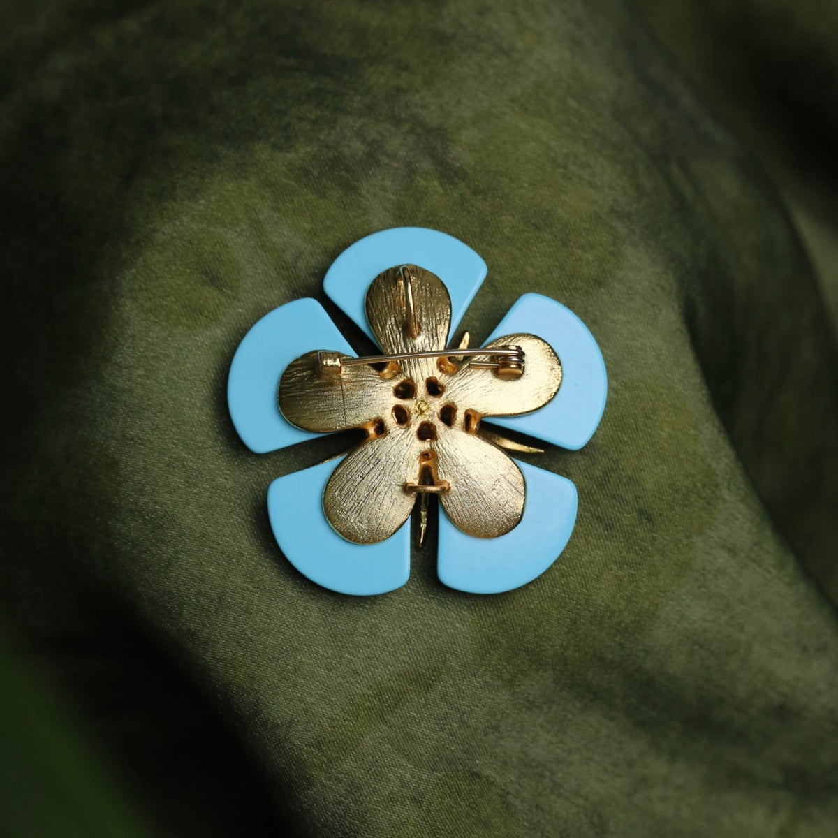 Morado Gold Plated Copper Turquoise Flower Brooch, Statement Blue Floral Pin
