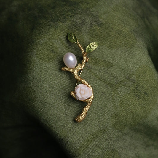 Morado Coral Rose Pearl Brooch, Gold Plated Copper Branch Pin, Vintage Floral Brooch