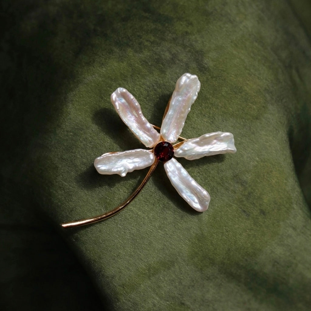 Morado Baroque Garnet Iris Floral Brooch, Handmade Gold Plated Copper Pin