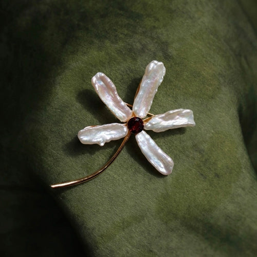 Morado Baroque Garnet Iris Floral Brooch, Handmade Gold Plated Copper Pin