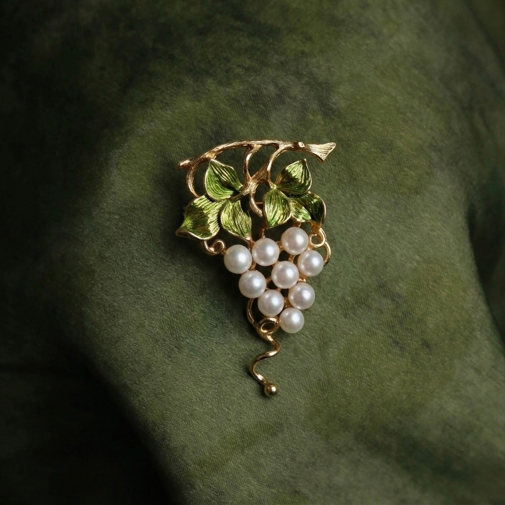 Morado Hand-Carved Pearl Grape Brooch, Gold Plated Sterling Silver, Multi-wear design