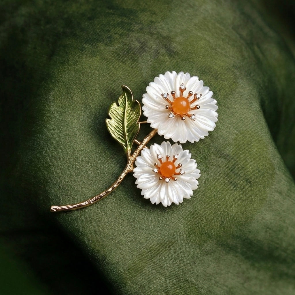Morado Gold-Plated Sunflower Brooch, Handmade with Mother-of-Pearl & Amber Botanical Pin