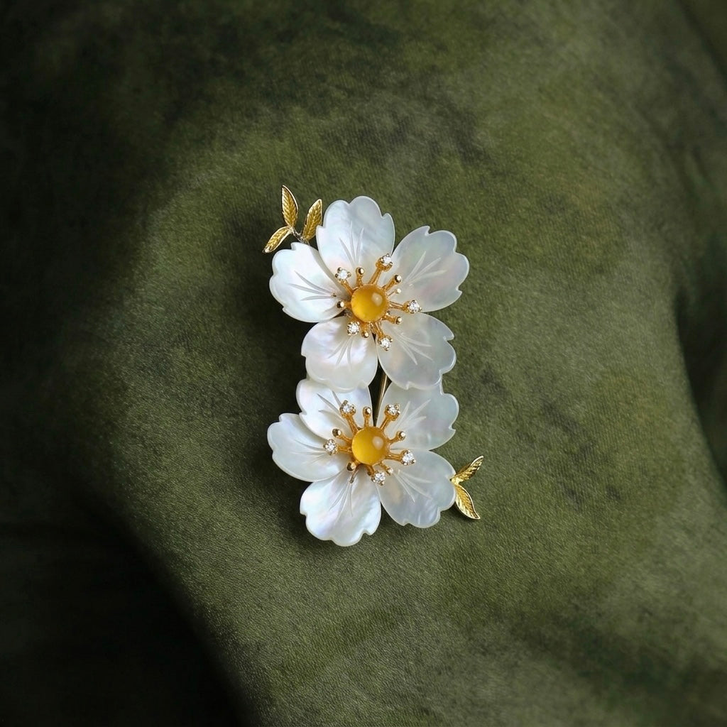 Morado Mother of Pearl Twin Amber Flower Brooch, Gold Plated Copper Floral Pin