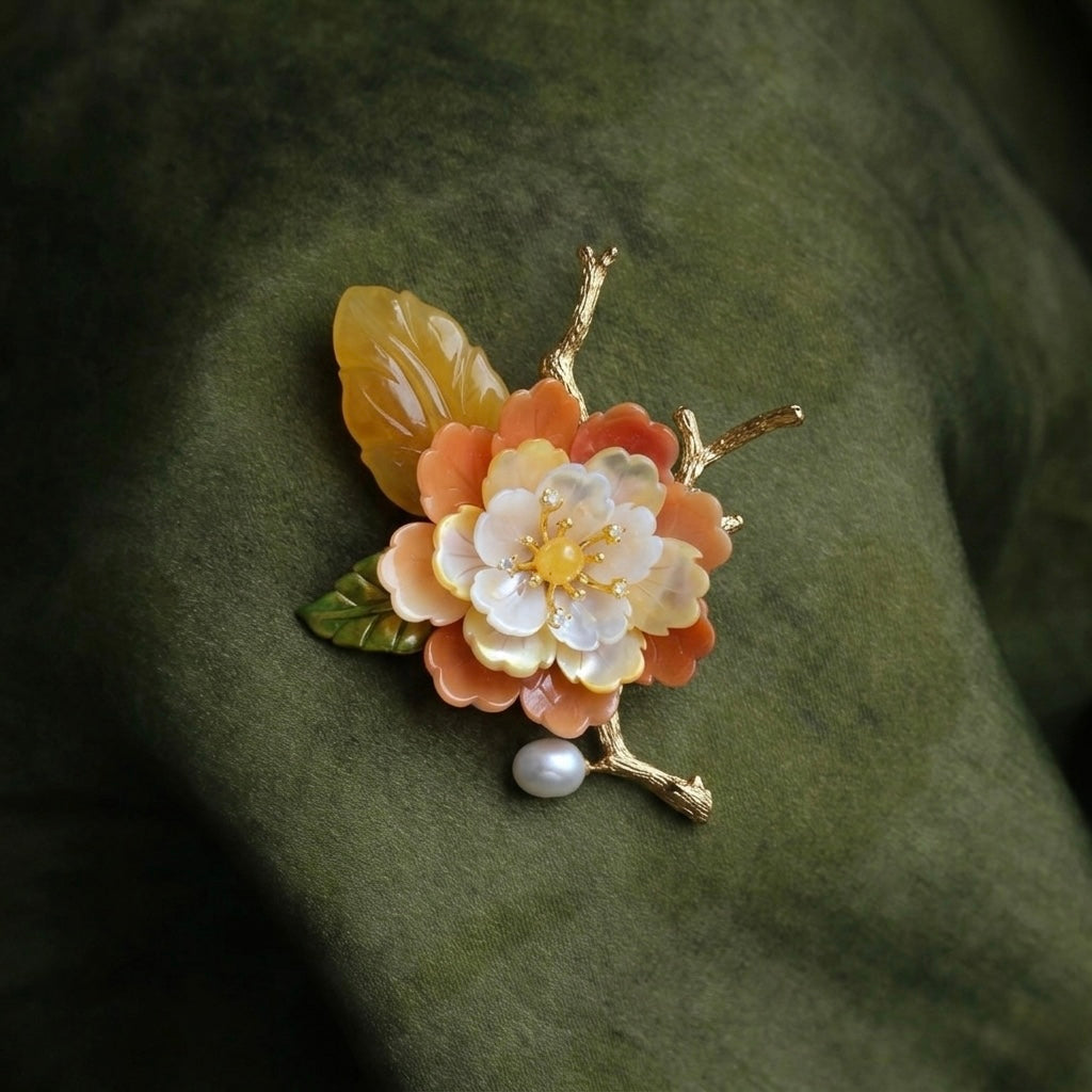 Morado Handmade Amber Shell Flower Brooch, Gold Plated Floral Pin, Multi-Wear Pin