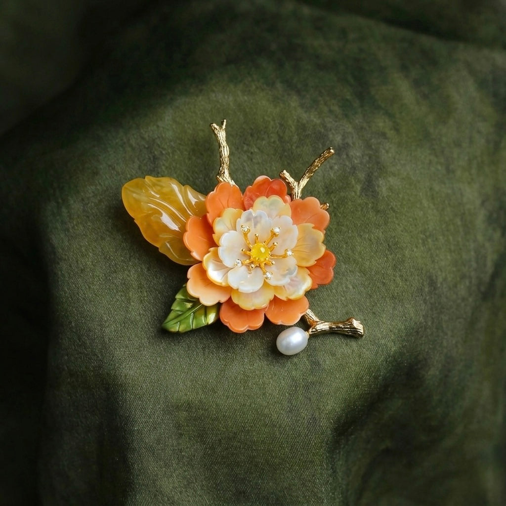 Morado Handmade Amber Shell Flower Brooch, Gold Plated Floral Pin, Multi-Wear Pin