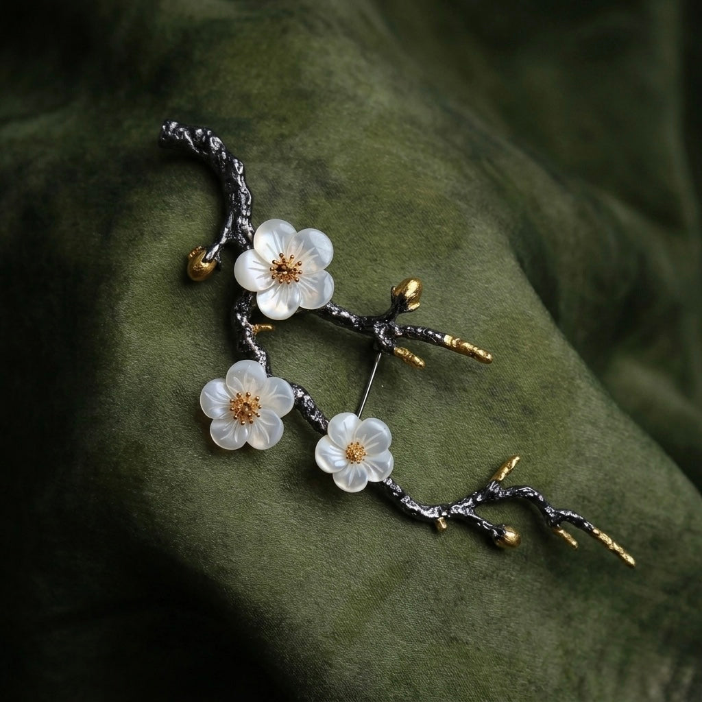 Morado Plum Blossom Branch Brooch, Black Gold Plated Copper with Mother of Pearl Flowers