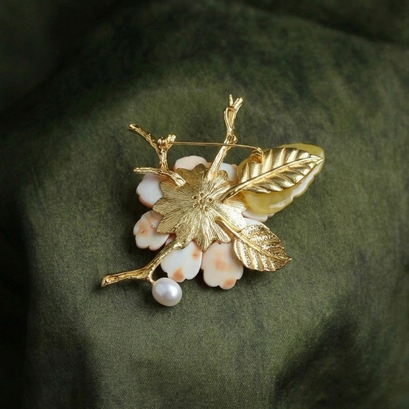 Morado Handmade Amber Shell Flower Brooch, Gold Plated Floral Pin, Multi-Wear Pin